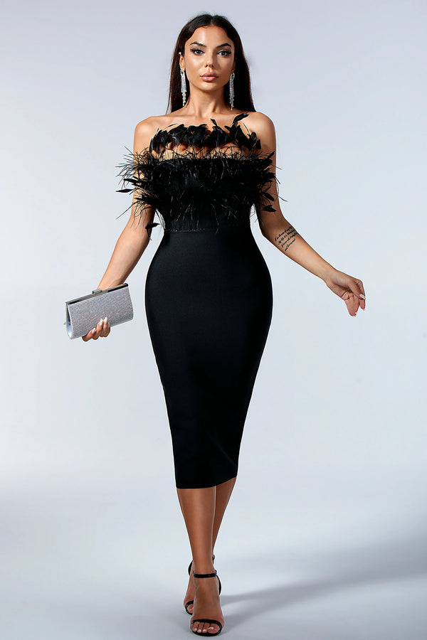 Melanthia Strapless Feather Dress in Black