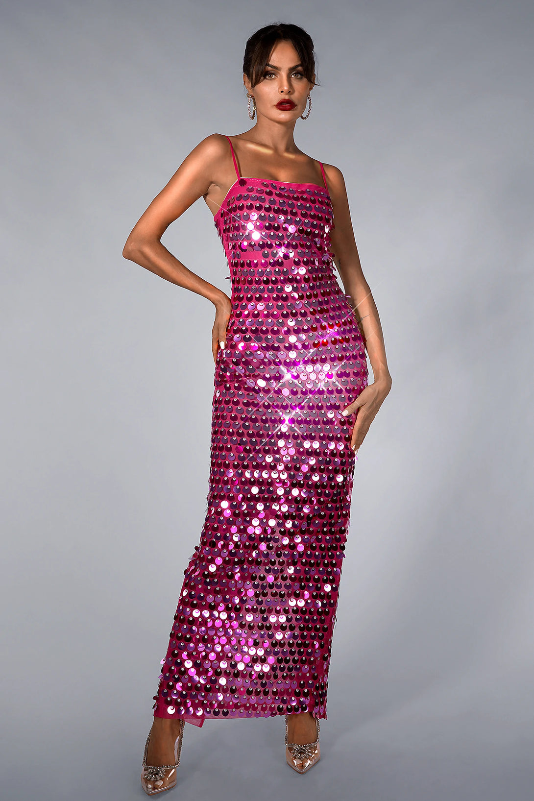 Pink Sequin Strappy Maxi Dress - Sparkle and Elegance for Glamorous ...