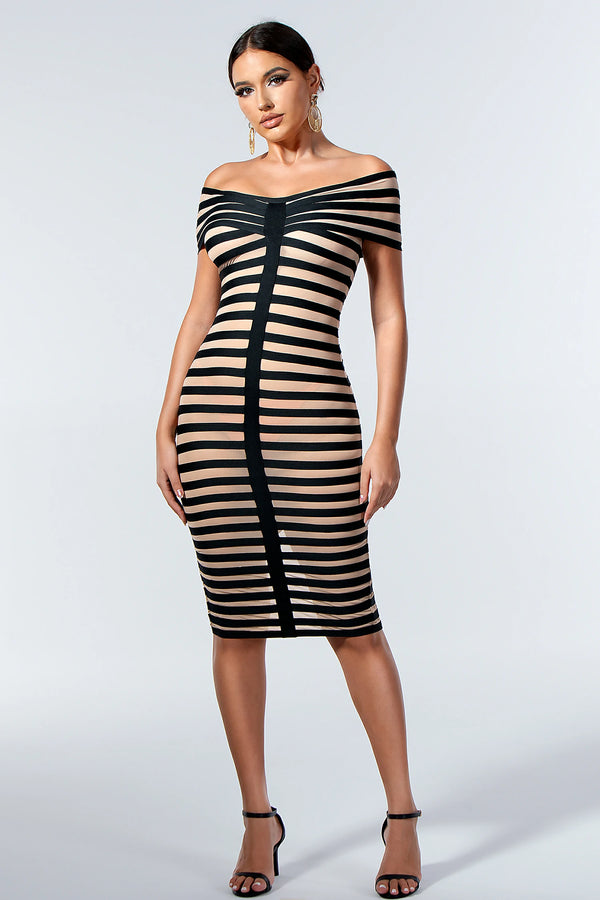 Karis Mesh Inset Stripe Dress in Black