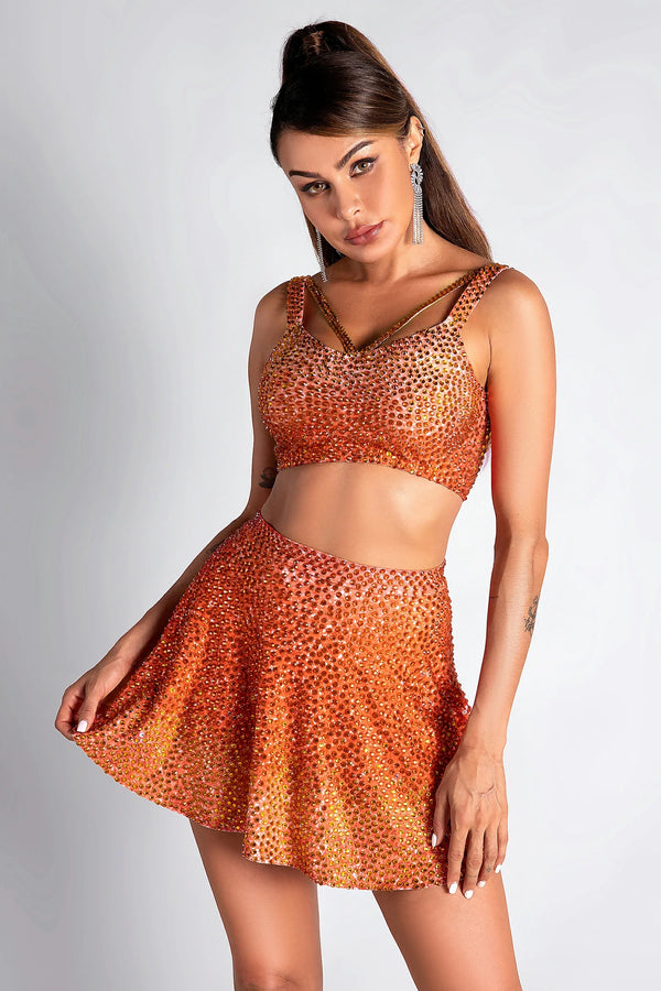 Pre-Sale Melaki Orange Rhinestone 3 Piece Skirt Set