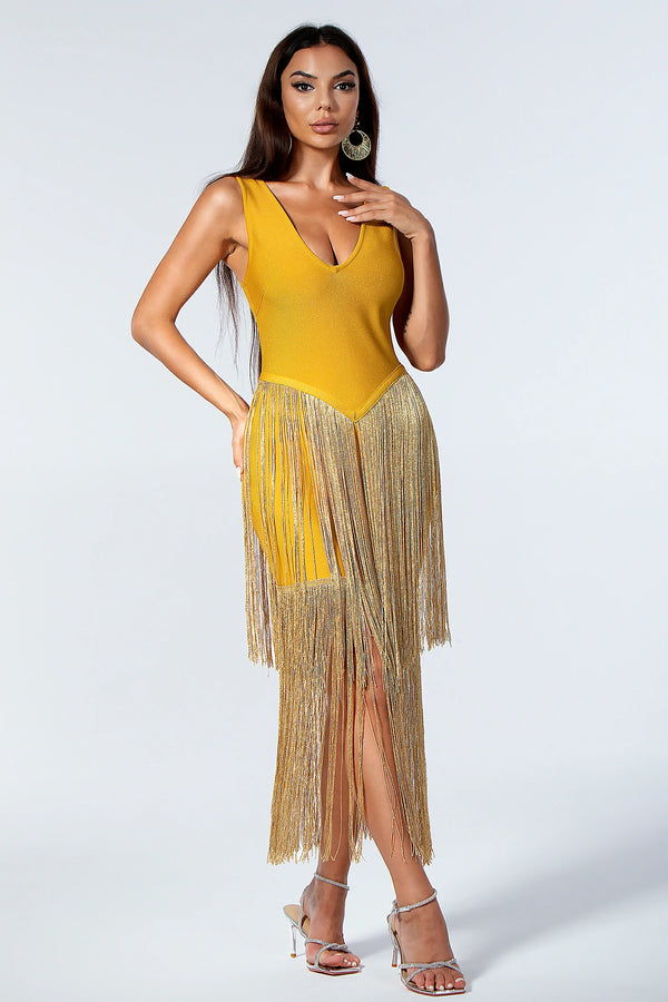 Melissa Katelynn Fringe Sequin Bandage Dress in Gold