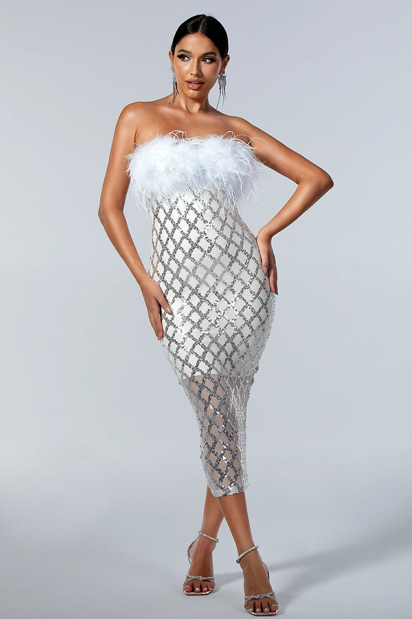 Argenta Strapless Sequin Feather Dress