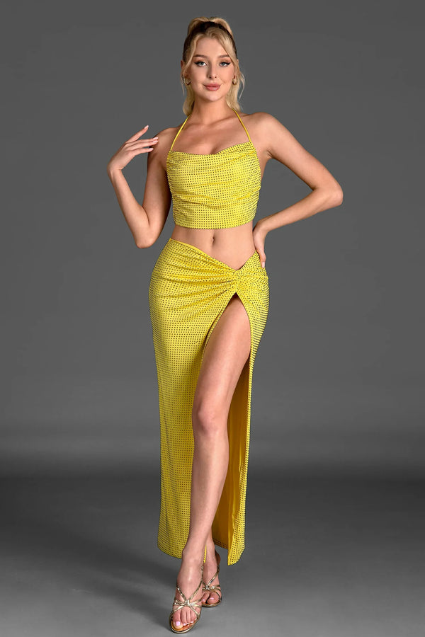 Xeneli Backless Halter High Slit 2 Piece Set In Yellow