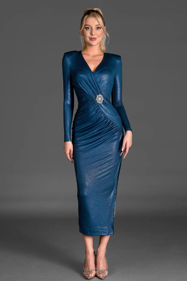 Burelli V-Neck Long Sleeve Side Slit Dress