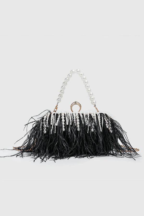 Daliana Pearl Fringe Feather Handbag