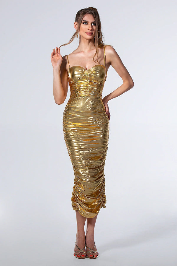 Olympia Spaghetti Strap Ruche Dress in Gold