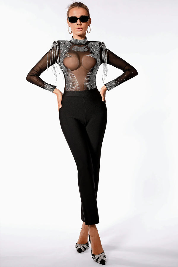 Demetria Rhinestone Fishnet Sheer Jumpsuit