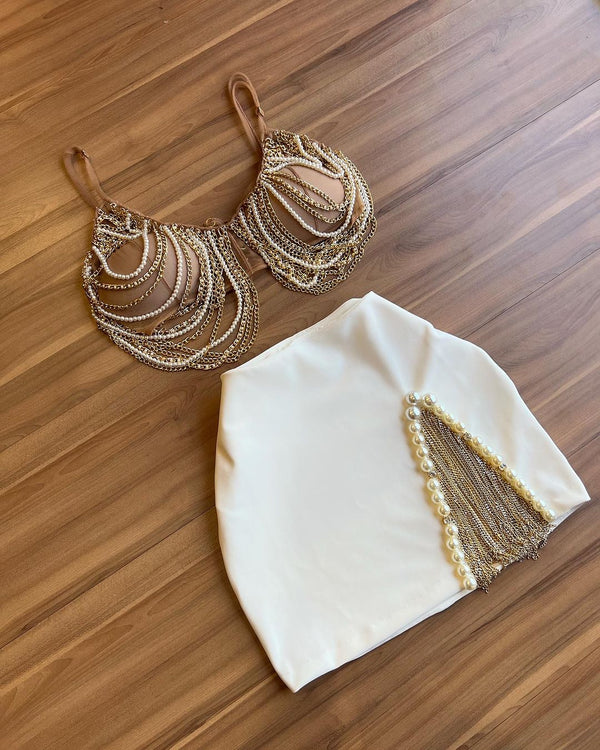 Sable Pearl Body Chain Set in White