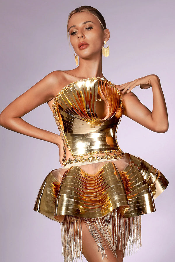Nocturne Tassel Gold Dimensional Crystal Glitter Dress