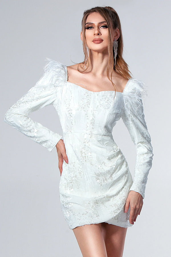 Meadow Sequin Feather Dress in White