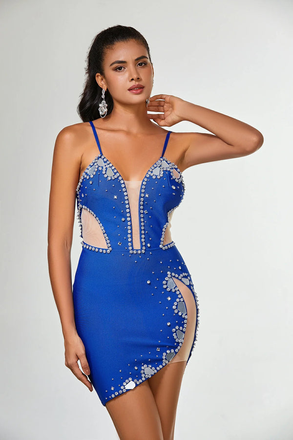 Galene Rhinestone Spaghetti Strap Dress in Blue