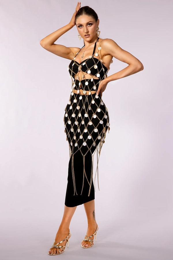 Aadhira Body Chain Link Cutout Shell Fringe Dress