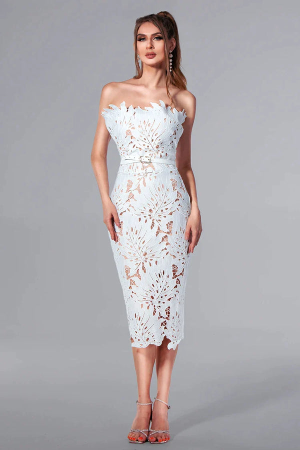 Eirene Lace Floral Bandage Dress in White